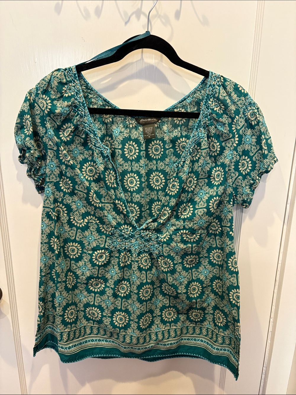 Eddie Bauer Teal Floral Print Short Sleeve Blouse BN534